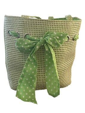 Green Polka Dot Bow Woven Straw Tote - Women Bags